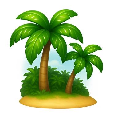 Create a beach emoji that looks exactly like the reference image in classic iOS emoji style. The emoji should have a 3D appearance with shiny, smooth gradients and soft shadows. Include palm trees and sand with the classic emoji look, emphasizing the 3D, shiny, smooth gradient style and soft shadows as seen in iOS emojis. Add a glossy effect to the palm leaves to make them appear shiny and vibrant. sticker
