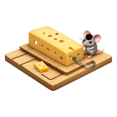 A 3D emoji in iOS emoji aesthetic style of a small mousetrap on a wooden base with a tiny gray mouse approaching a small piece of yellow cheese on it, minimal white background, bright lighting, clean and glossy Apple-style design sticker