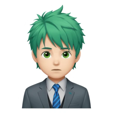deku : boy anmie green hair green eyes in a ua gray jacket and blue tie suit with frenkles messy hair and black on the bangs sticker
