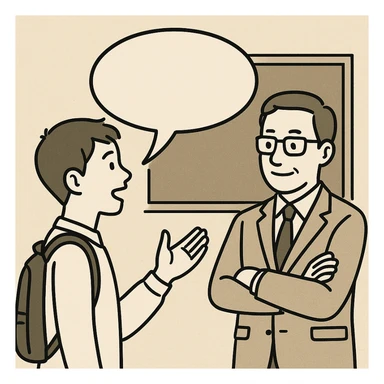 a student facing a teacher with speech bubbles to indicate the student is speaking, symbolizing verbalization of learning sticker