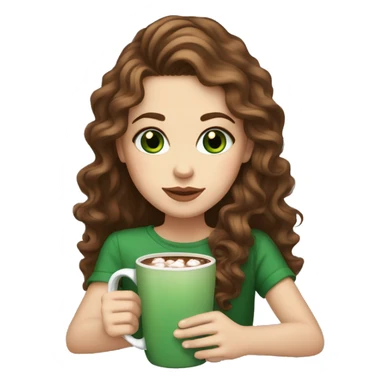 White Girl with Green Eyes, Long brown hair with curls and a Hot chocolate  sticker