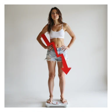 adult woman, photorealistic, standing on a scale with a large graphic red arrow going up and down, confused expression, natural light, light background, concept of yo-yo diet effect sticker