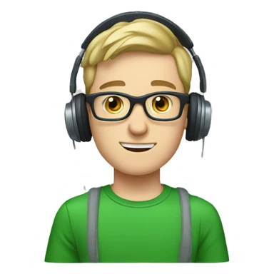 white young man with square glasses and blue eyes wearing green t-shirt with laptop and headphones sticker