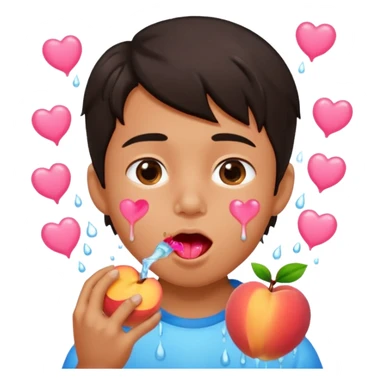 Cute boy, grown out dark hair, eating a peach, pink hearts floating , water dripping from mouth sticker