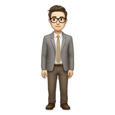 Pale skinned fit man with dark brown hair in gray jacket, beige office shirt, brown tie, brown pants and vintage glasses Writing on the flipchart sticker