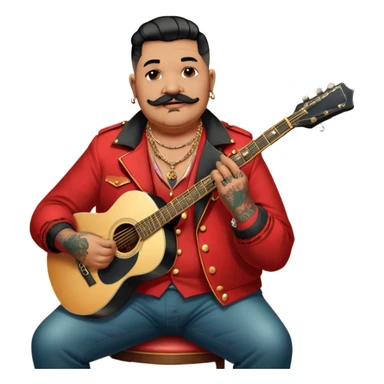 Icon for Chanson: Old fat chanson singer with tattoos and short moustache, red jacket, gold chains and braslettes, sitting on a chair with an acoustic guitar and standing microphone. No earrings. The atmosphere should reflect a nostalgic, soulful vibe with vintage elements. Transparent background. sticker