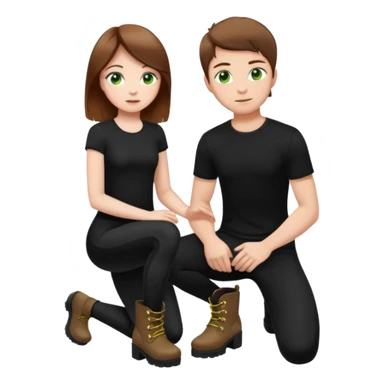 Create a Mistress with brown hair, green eyes, platform boots and black leggings and top and a boy next to her in his knees sticker