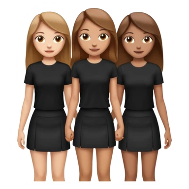 emoji of a girl with long, straight light brown hair, fair skin, soft brown eyes. Wearing a stylish black top and mini skirt. Full-height, standing confidently with shoulders back, head up, smiling proudly. Surrounded by 3 women next to her, holding hands. women have different eye color sticker