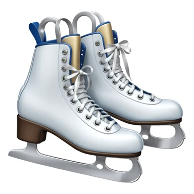 Стильные белые или кожаные коньки с перекрещенными шнурками.
> Prompt: 3D emoji of a pair of classic white ice skates tied together by laces.
Small festive silver bells attached to the laces. Sharp blades with a chrome metallic finish, smooth leathe sticker