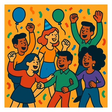 Party people forming a conga line, vibrant cartoon style, with confetti and balloons. sticker