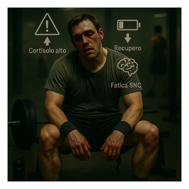 Add floating symbols above the head with Italian text: 'Cortisolo alto', 'Recupero basso', 'Fatica SNC'. The style should be raw cinematic with muted colors and dramatic lighting. The symbols must be clear and legible. sticker