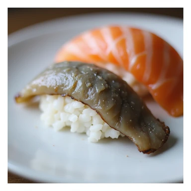 close-up of sushi: one nigiri with gray salmon and one with orange salmon, on a white plate, realistic style, 4K resolution sticker
