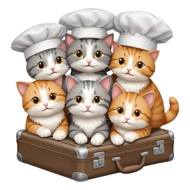 six cats in chef hats hugging a cat with a suitcase, top-down view sticker