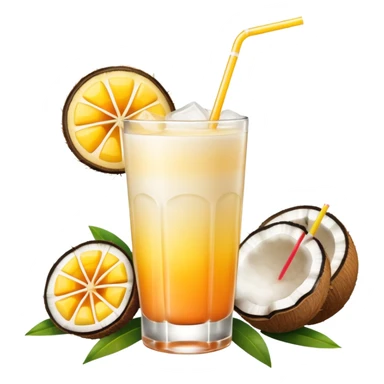 A beautiful cocktail with a creamy white to orange gradient, containing coconut juice and mango, reminiscent of summer. Above, there are tropical flowers, lemon slices, and a straws. sticker