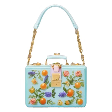Dolce and Gabbana small box bag with white and colourful lavender light blue light green orange pink summer print and golden detais 2023 sticker