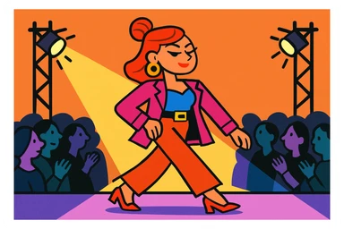 stylized cartoon woman strutting on a fashion runway, horizontal layout, spotlight, confident expression sticker