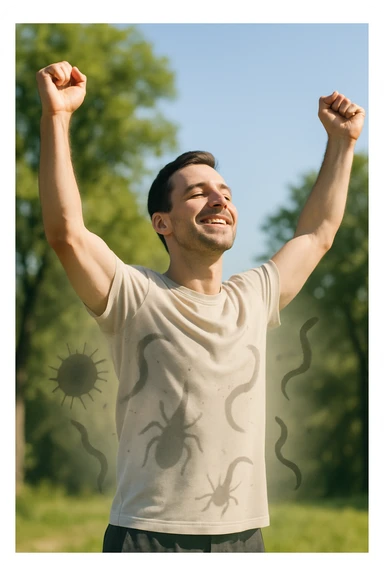 a man stands outdoors in bright sunlight, arms raised in relief and joy, while faint, shadowy silhouettes of parasites fall away from his body and dissolve into the air. His posture is upright and energetic, his expression serene and healthy. The background features green trees and a clear sky, emphasizing liberation and restored well-being. sticker