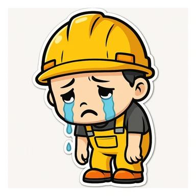 Make the sad construction worker look even sadder, with tears, slumped posture, and a gloomy expression in sticker style sticker