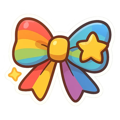 chibi style bow, rainbow colors, playful, cheerful, cartoon style, star motif sticker