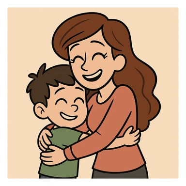 mother and son hugging, cartoon style sticker