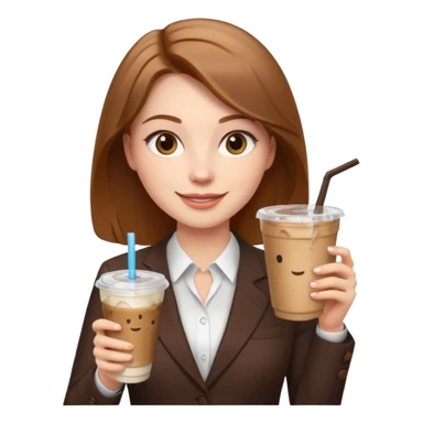 Women in front of laptop with a happy face, long light brown hair, light brown big eyes, light pale skin with a iced coffee on the side, business attire sticker