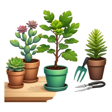 Close-up of a potted sapling with vibrant flowering plants around it, in rich soil. Sunlight filters through the window, casting soft shadows. Cozy indoor garden with blooming flowers, succulents, and gardening tools placed neatly on a wooden table. sticker