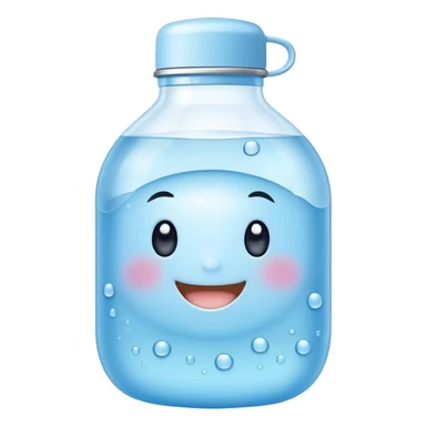 Cute Kawaii Water Bottle, round and bubbly, soft blue with tiny water droplets around, a happy smiling face, gentle glowing highlights, fresh and refreshing vibes! sticker