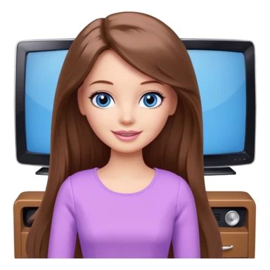 beautiful barbie girl with long brown hair, blue eyes and wearing light purple clothes watching tv sticker