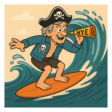 Change the surfer's hair to grey, keep all other details the same, in a style suitable for editing. sticker