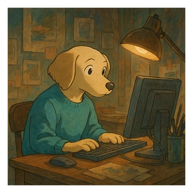 ghibli style light dog graphic designer, focused at a computer, artistic atmosphere sticker