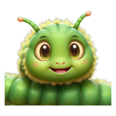 Cinematic Cute Caterpillar Portrait Emoji, Head tilted playfully and inquisitively, featuring a small, fuzzy body with rounded, plump segments, soft, endearing eyes and a charmingly wiggly movement, Simplified yet irresistibly adorable features, highly detailed, glowing with a warm, inviting green glow, high shine, affectionate and lively, stylized with a touch of whimsical woodland charm, soft glowing outline, capturing the essence of a mischievous caterpillar that seems as if it could crawl out of the screen into your arms! sticker