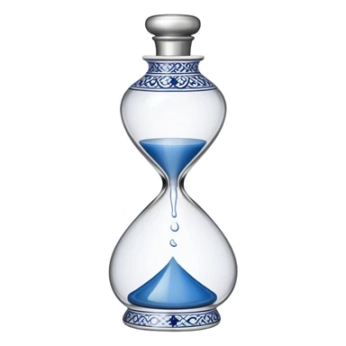blue and white, intricate, porcelain, hourglass shaped tequila bottle with silver half circle top sticker