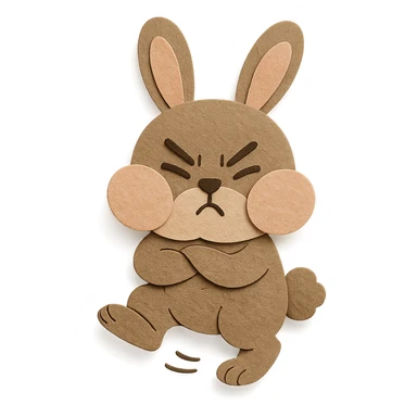highly detailed, high quality paper craft style illustration of a mocha-colored bunny puffing its cheeks and stamping its foot, intricate textures, soft lighting, delicate cut-paper details sticker