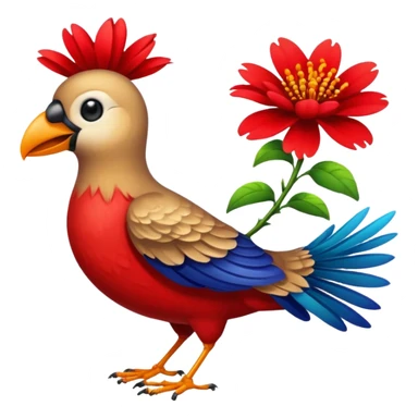 A bird carrying a red flower sticker