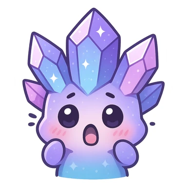 kawaii style emote of a crystal sprite creature, purple, blue, and pink, surprised expression sticker