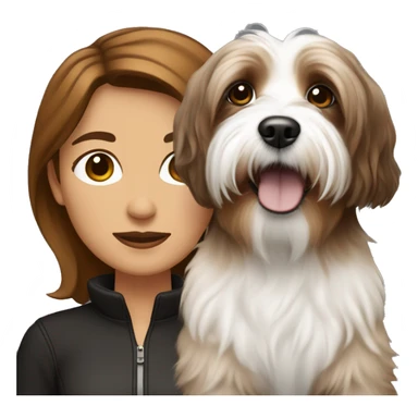 caramel skinned middle aged woman with brown hair, with black and white havanese dog sticker