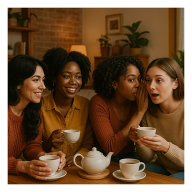 four girlfriends gossiping over tea, one with black hair, two Black girls, one light-skinned girl, cozy and friendly atmosphere, warm and inviting setting sticker