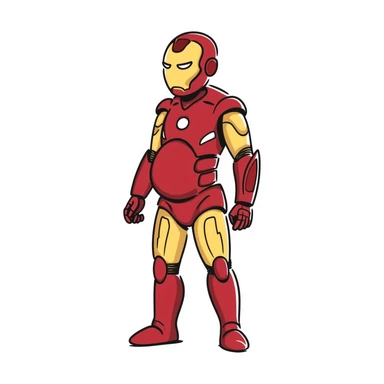 Iron Man superhero with a pregnant belly, iconic red and gold armor suit, arc reactor glowing in chest sticker