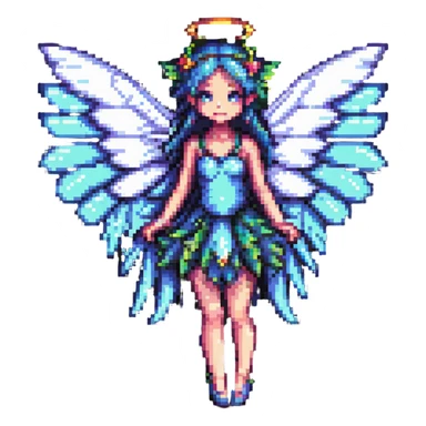 pixel art fairy with large wings, whimsical and bright sticker