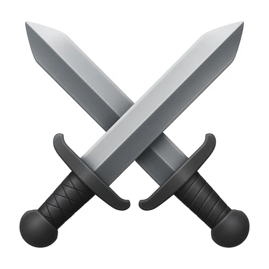 Create dual swords similar to the reference image but with black and grayish colors. The swords should be pointing upward and be wider. Add a slight metallic shine to the swords. The style should emulate emoji style with concise details. sticker