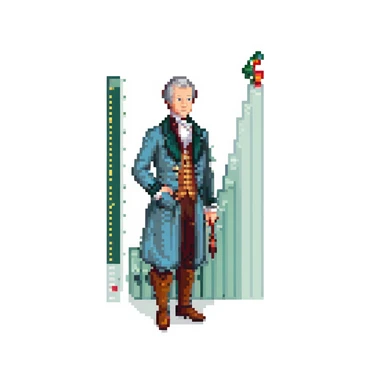 Thomas Malthus in pixel art style, 18th-century attire, standing next to a graph showing population growth sticker