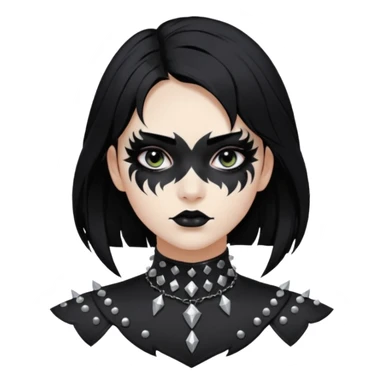 Crea una ragazza con stile black metal,  paint face black metal, capelli neri, mossi dalle spalle e occhi bianchi e un collare con borchie a punta sticker