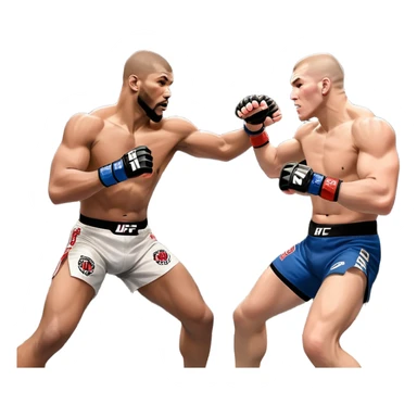 wo MMA fighters in the octagon, one delivering a strong punch while the other defends with a guard. The background shows the UFC octagon with the crowd in the distance. Transparent background emphasizes the dynamic intensity and skill of mixed martial arts. sticker