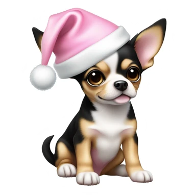black & tan chihuahua puppy full body light blue eyes pink christmas hat on sticker