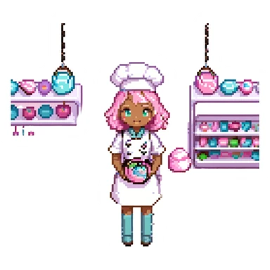 A whimsical candy-themed baker standing in a pastel pink confectionery lab. The walls are made of bubblegum bricks, the countertops shimmer like strawberry frosting, and the air sparkles with powdered sugar mist. The baker is extravagantly adorned: licorice swirls as shoul sticker