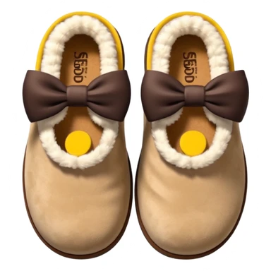 Beige fluffy ugg slippers with a dark brown bow sticker
