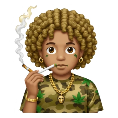 curly hair wearing bathing ape shirt smoking weed with grills sticker