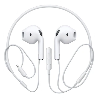 Ultra minimalist white Apple EarPods with cord coiled in a perfect circle, extremely simplified design with minimal details, basic clean outlines, just the essential shape of white headphones and wire in a circle, iOS style sticker