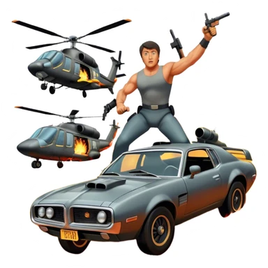 Icon for Action Movie: A vintage movie poster-style design featuring intense action scenes with explosions, weapons, and dramatic poses of Stallone. Include cars and helicopters flying out of flames in the background. Bold typography and retro cinematic style. Transparent background. sticker
