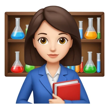 A brunette teacher holding a chemistry textbook sticker
